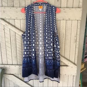 Ruby Rd Petite Long Open Blue and White Vest
